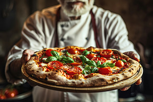 Male chef with hot pizza in restaurant, a Food & Drink Photo by AlyaAnd