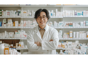 A smiling Asian male pharmacist, a Health & Medical Photo by Sergey Kotenev