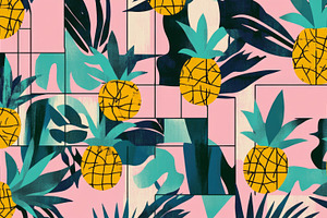 Colorful Pineapple and Leaf Pattern on Pink Background, an Abstract Photo by Natalia Klenova's Shop