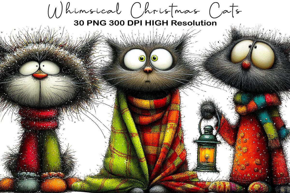 Whimsical Christmas Cats Clipart, an Illustration by Black Bird Studio (Photo 1 of 6)