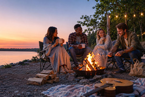 Campfire gathering at sunset with fr, a Photo by Dvoevnore photos