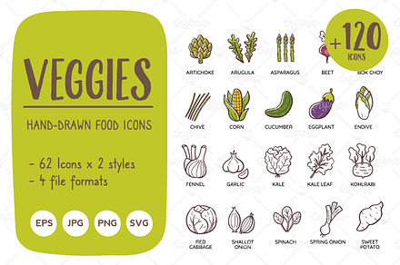 Vegetables & Mushrooms Doodle icons, an Icon by insemar