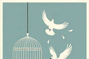 Illustration of Two White Birds Flying Free From a Decorative Birdcage, an Illustration by AS photostudio