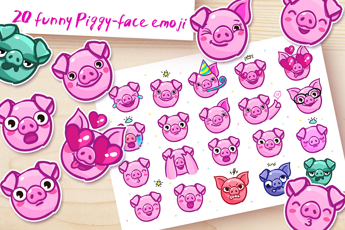 20 funny Piggy-face emoji, an Animal Illustration by VectorStory (Photo 1 of 2)