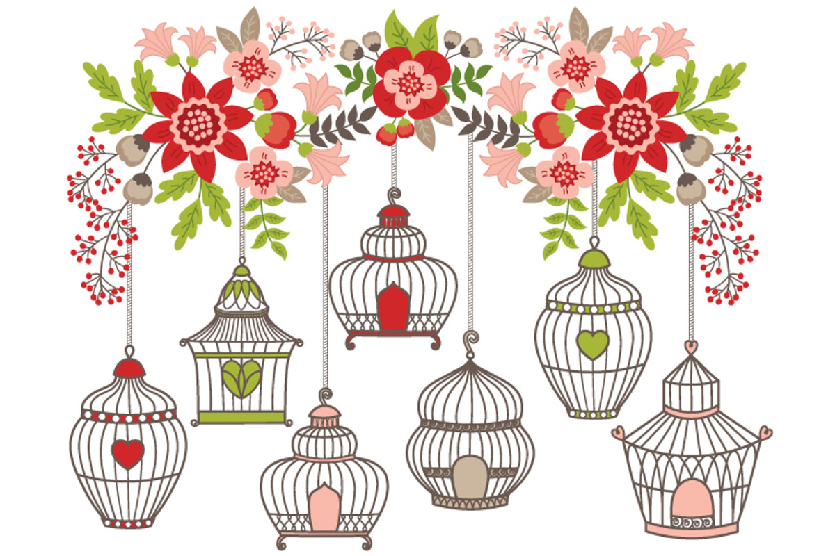 Vector Bird Cages and Floral Clipart, an Illustration by TheCreativeMill