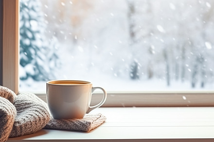 Winter holidays, calm and cosy home, cup of tea or coffee mug an, a Holiday Photo by Anneleven