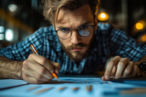 A focused young accountant man with glasses is sketching on paper, surrounded b, a Person Photo by Textures & Backgrounds