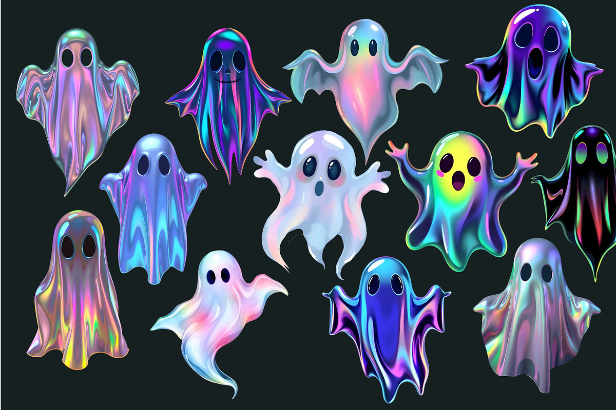 50 Holographic Ghosts Halloween PNG, an Object Graphic by UniqueMe (Photo 1 of 4)