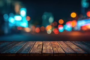 Dark Wooden Table Night City Lights, a Background Photo by Pixeness Studio