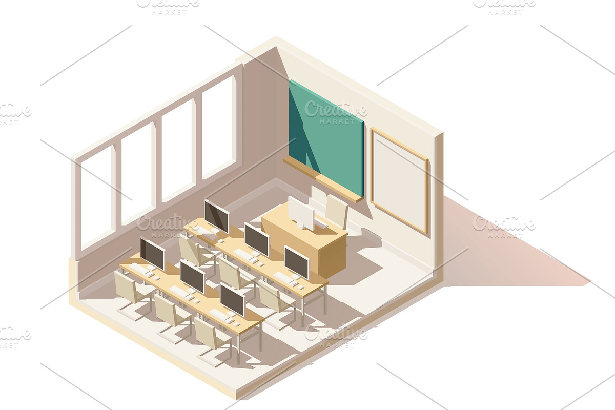 Vector isometric low poly computer classroom, an Education Illustration ...