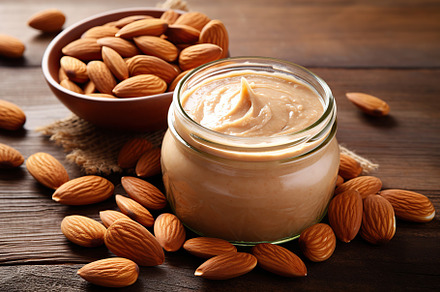 Glass jar of almond butter on wooden background, a Food & Drink Photo by AlyaAnd