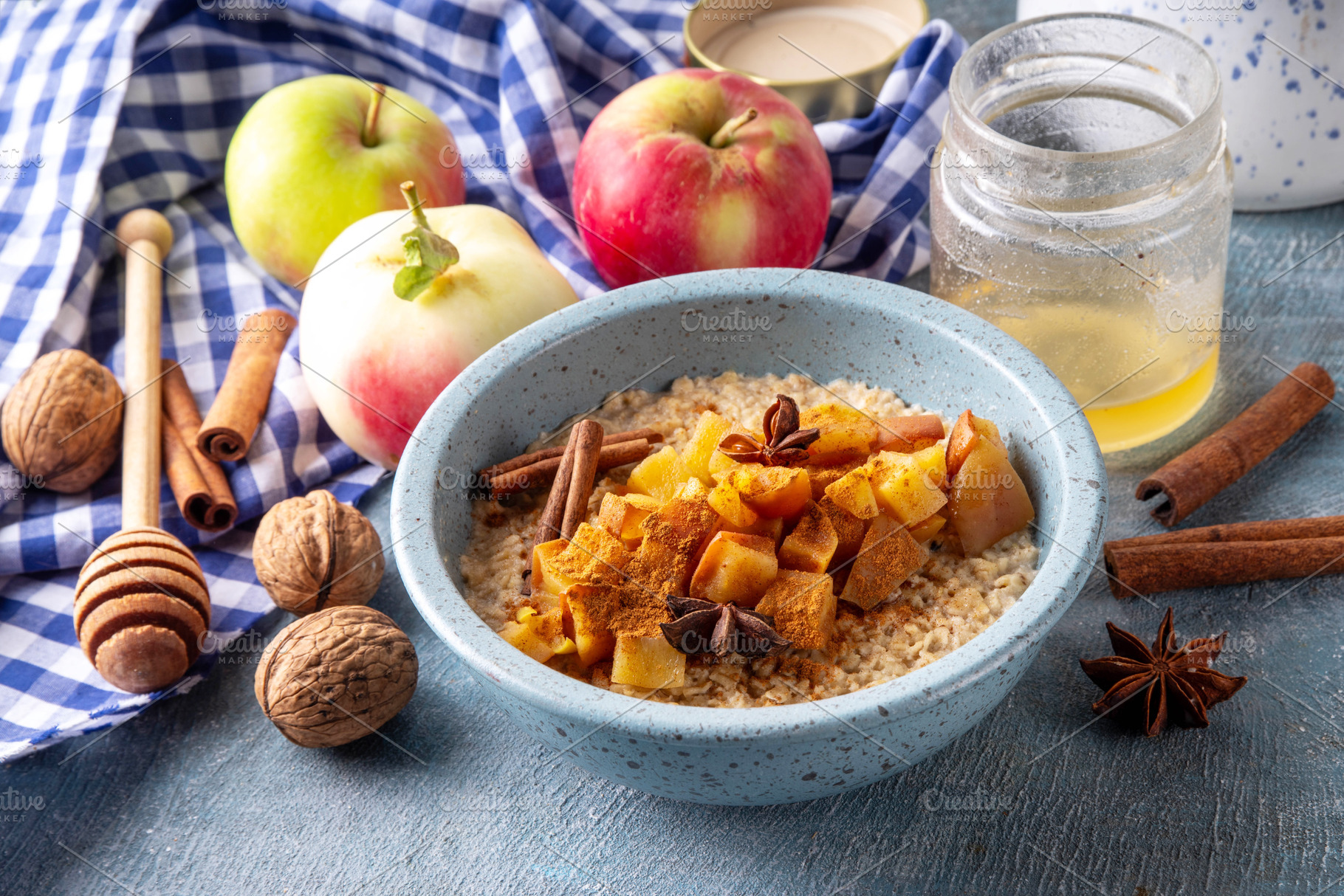 Autumn tasty breakfast Oatmeal Porridge with Apple and Cinnamon, a Food & Drink Photo by Rimma