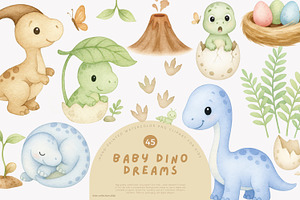 baby dino watercolor clipart set, an Animal Illustration by Pink Studio Art