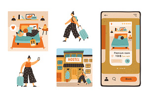 Girl travel. Hotel search & check-in, a Person Illustration by Good Studio