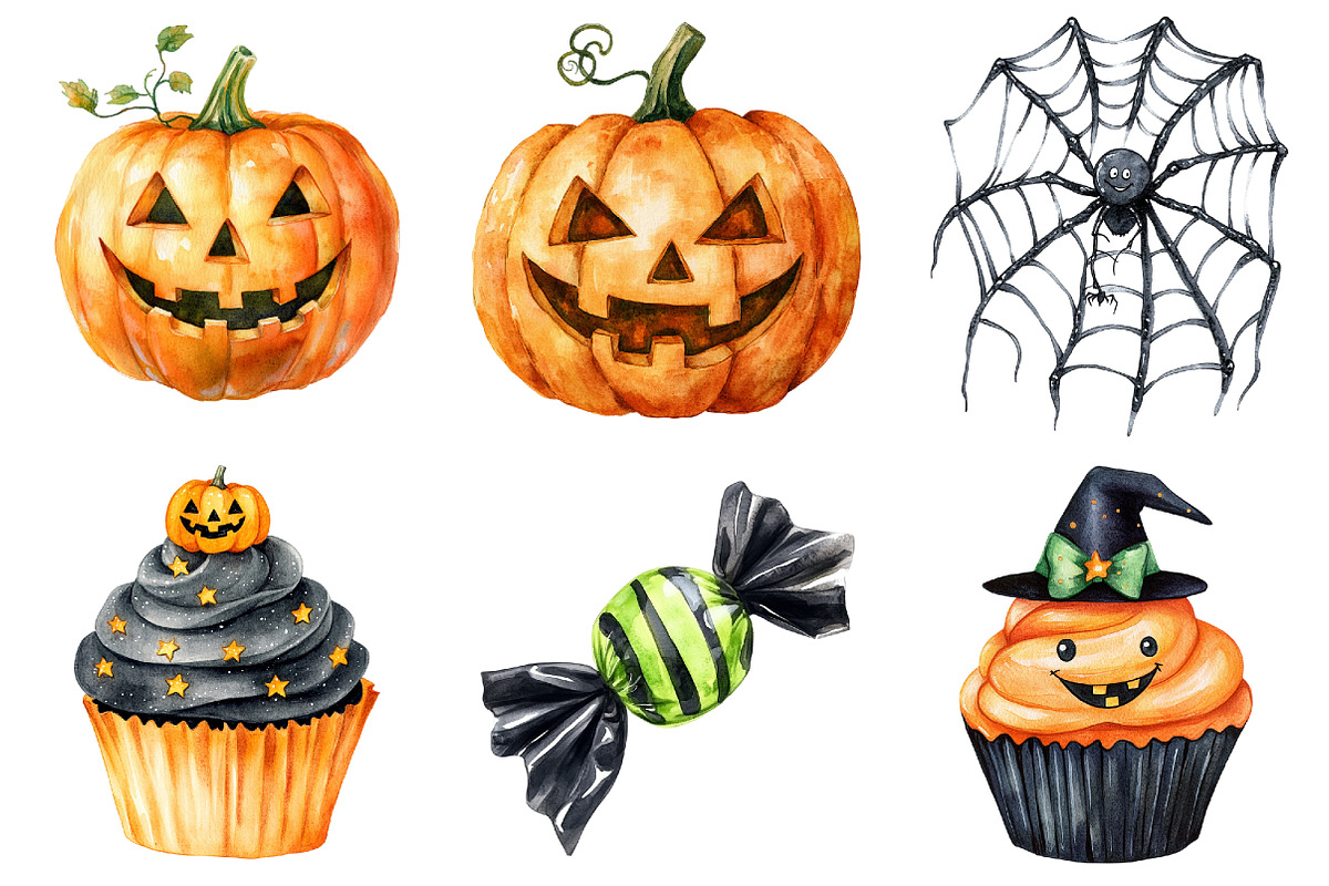 Watercolor Cute Halloween Clipart, a Seasonal Illustration by CitraGraphics (Photo 7 of 7)