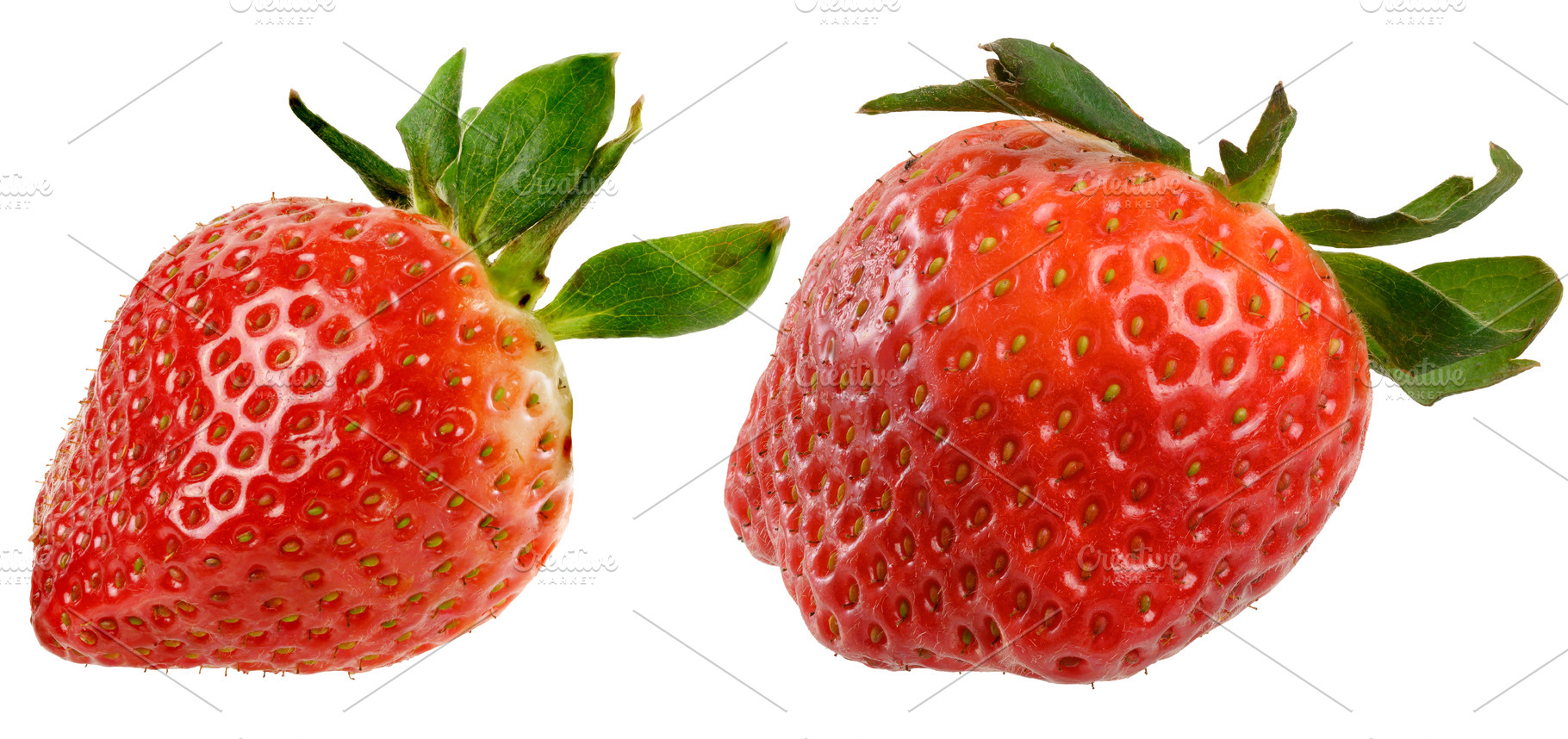 Two red ripe strawberries with green sepals on an isolated backg, a Food & Drink Photo by ndanko