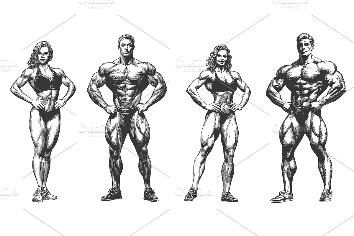 Bodybuilders engraving set. Woman, a Person Illustration by Stock-Smart-Start