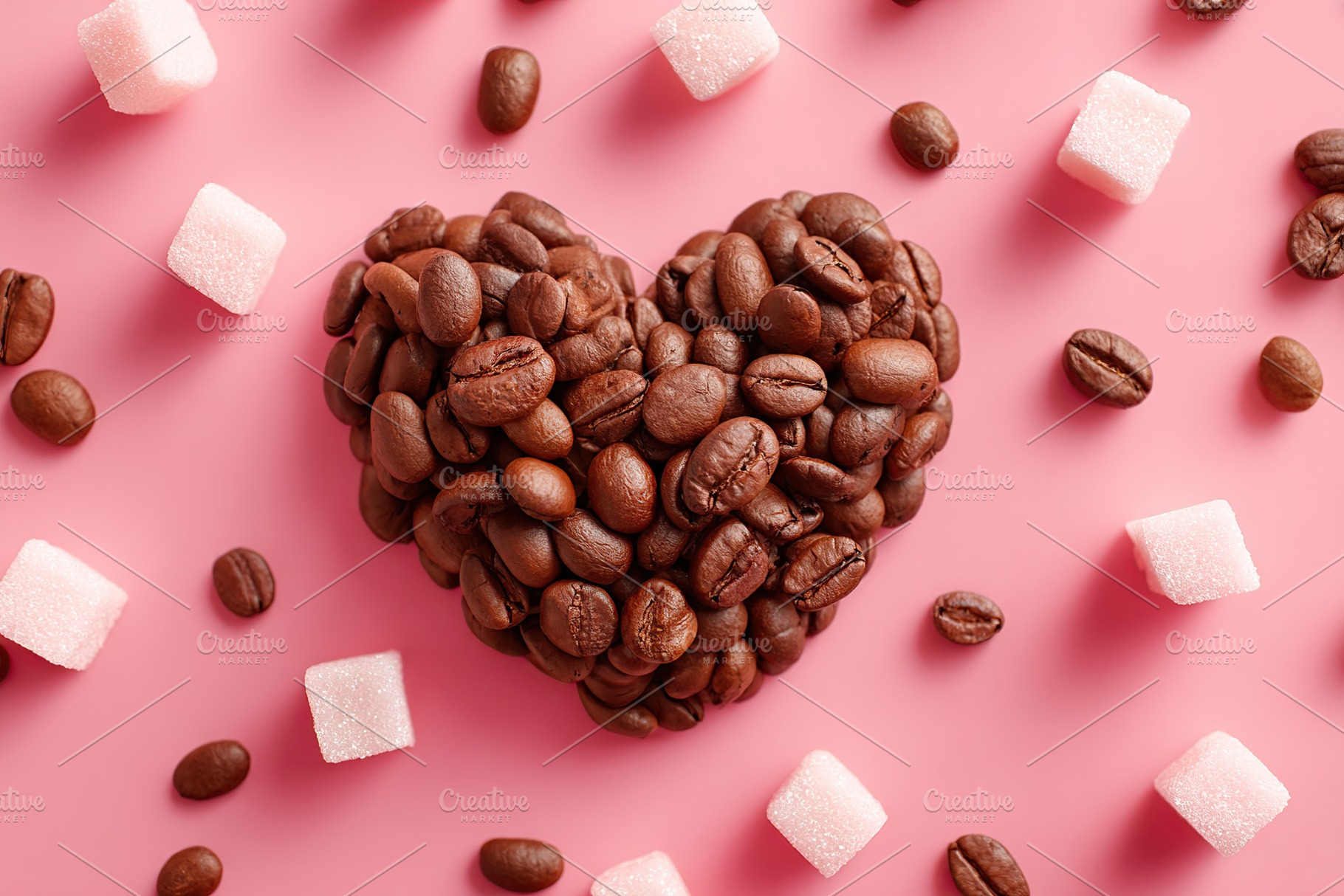 Beans arranged in a heart shape with sugar cubes on a pink background creating, a Food & Drink Photo by AlyaAnd