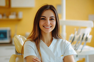 Female dentist smiling confidently in modern clinic setting during daytime, a Health & Medical Photo by AlyaAnd