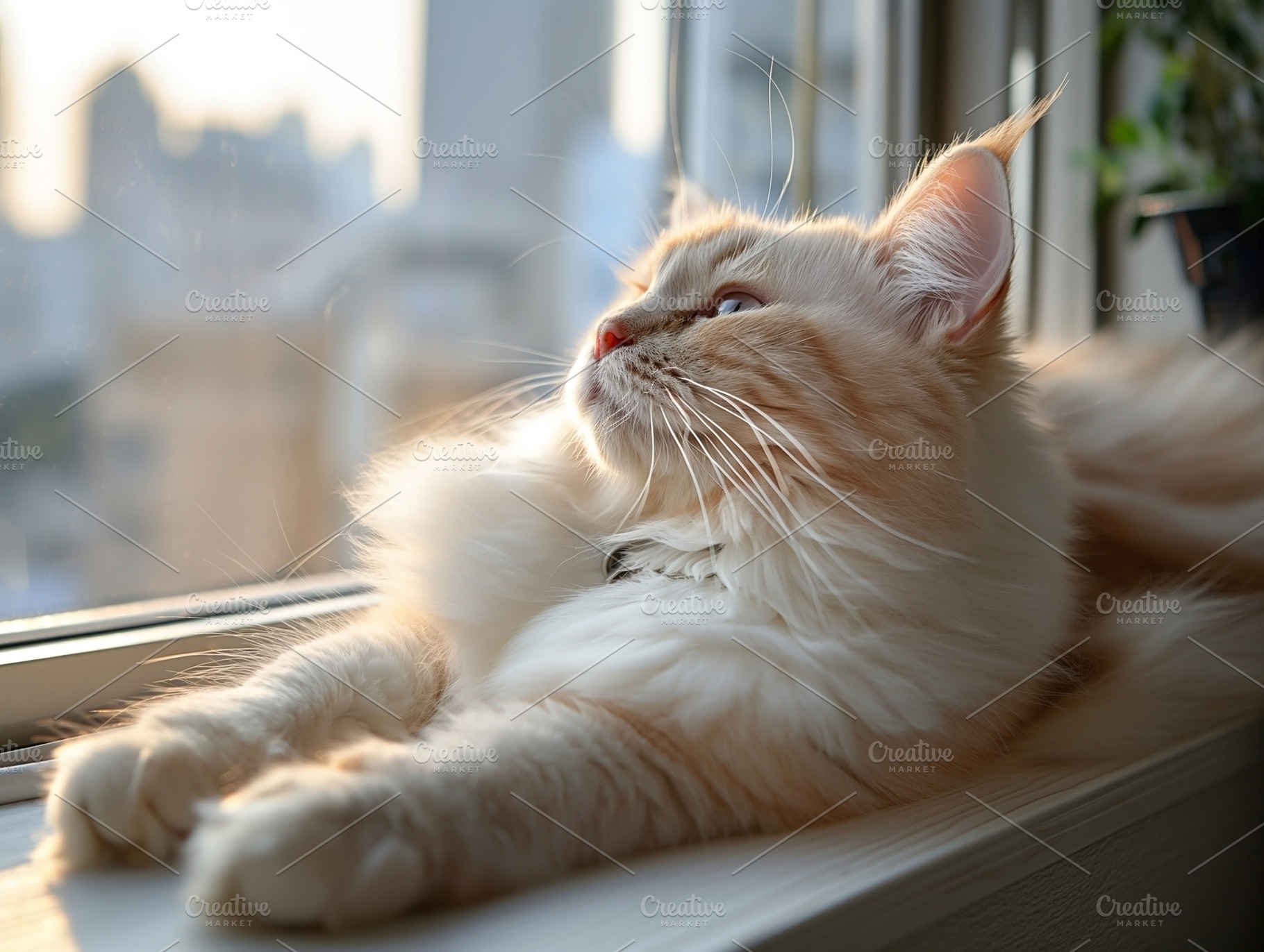 An elegant cream-colored cat relaxes by the window, basking in the warm sunligh, an Animal Photo by ImageMir