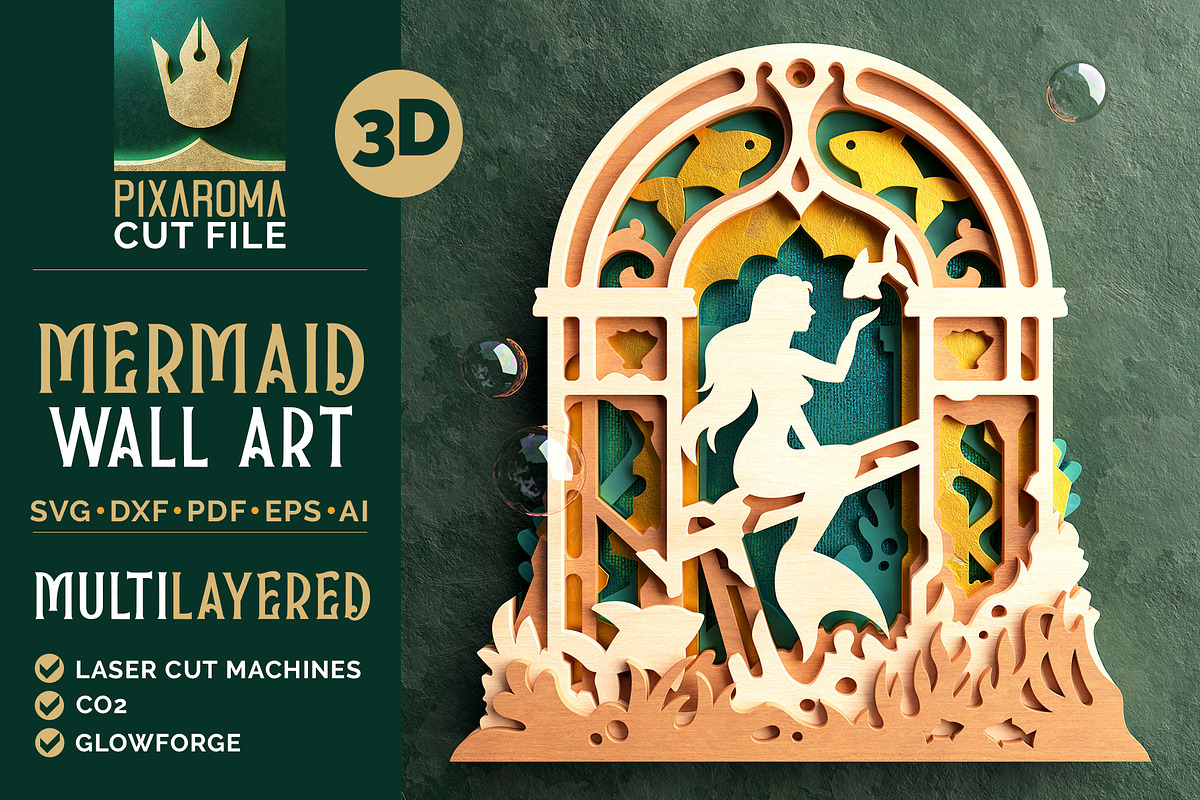 Mermaid 3D Layered Laser Cut File, a Decorative Illustration by pixaroma (Photo 1 of 8)