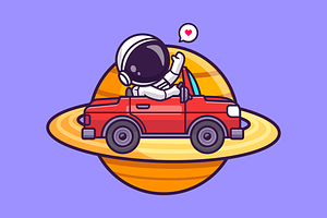 Cute Astronaut Driving Car On Saturn, a Transportation Illustration by Catalyst Labs