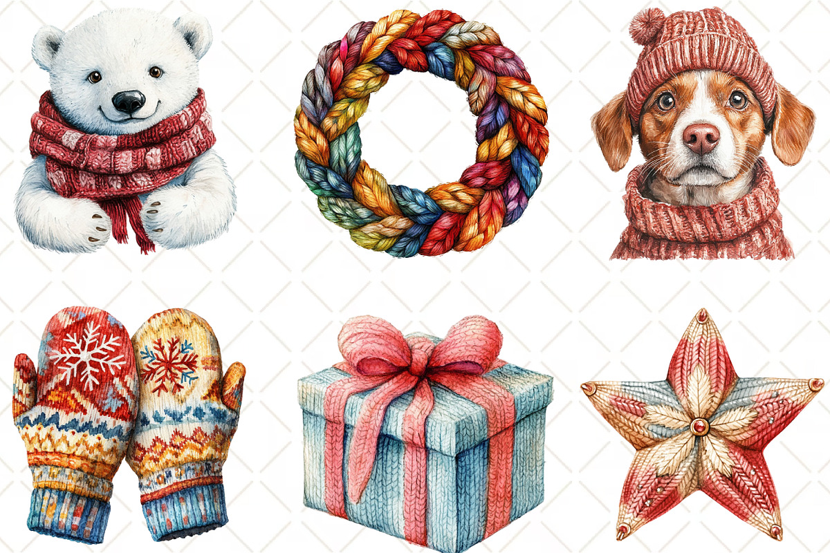 Watercolor Christmas Knitted Clipart, an Illustration by Black Bird Studio (Photo 6 of 6)