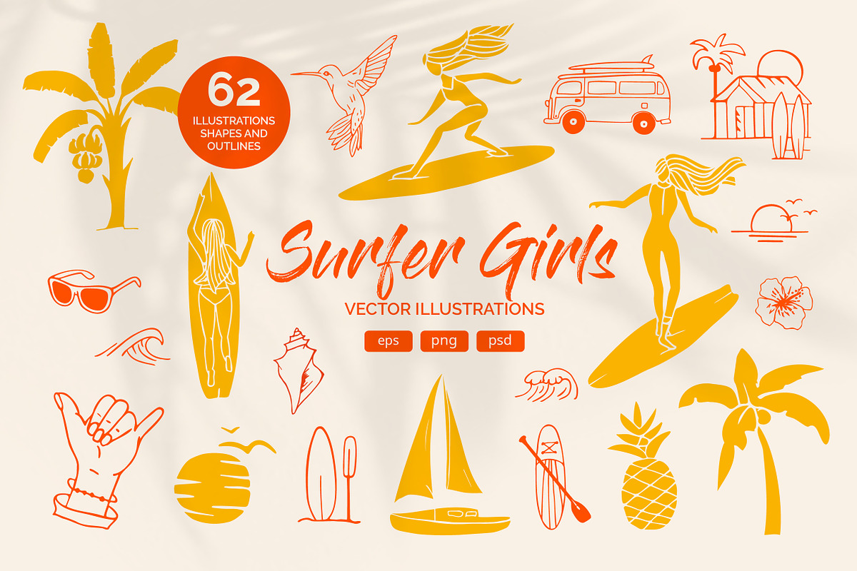 Surfer Girls Summer Graphics Set, an Illustration by Annakaroline (Photo 1 of 6)