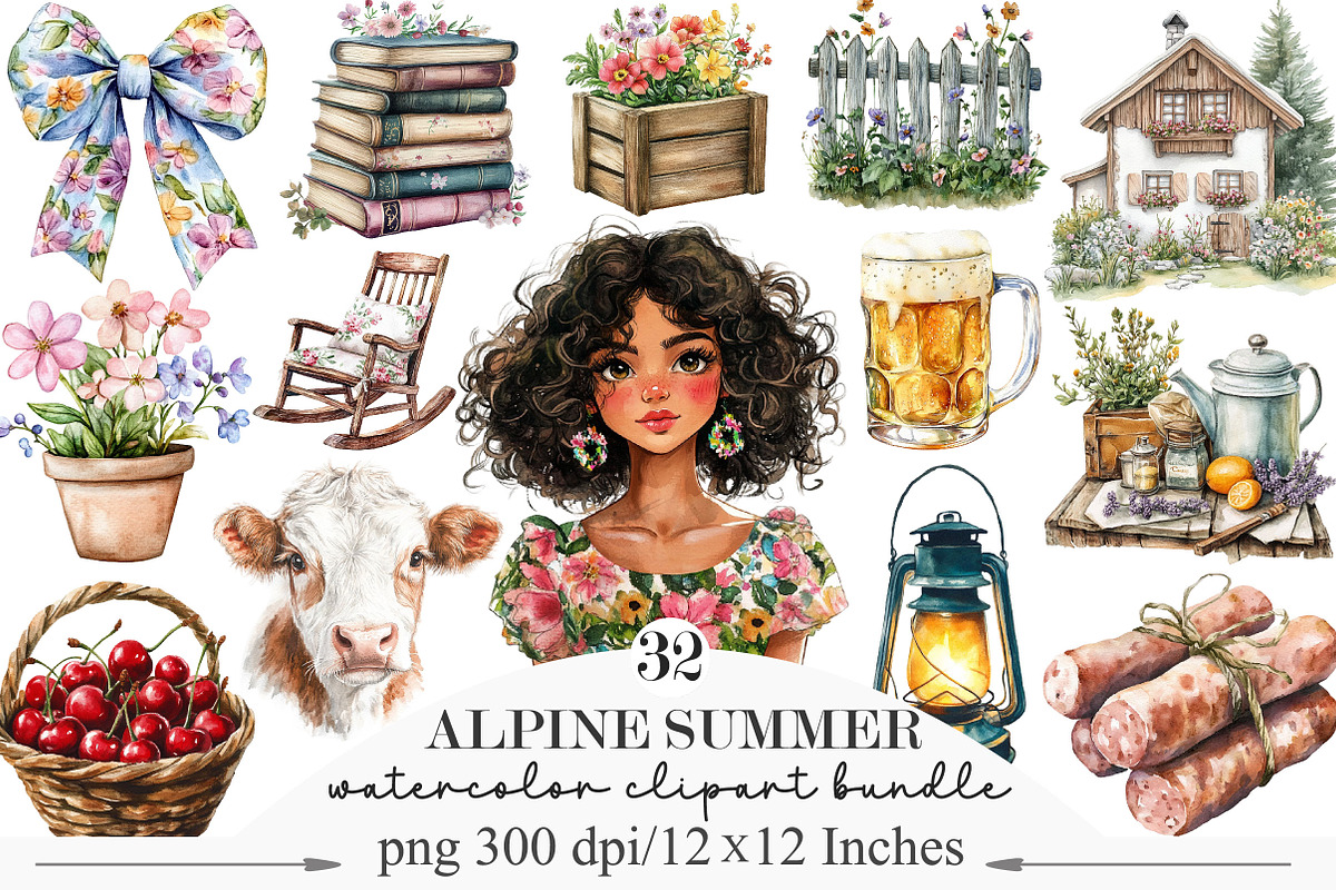 Watercolor Alpine Summer Clipart, an Illustration by Designking (Photo 1 of 5)