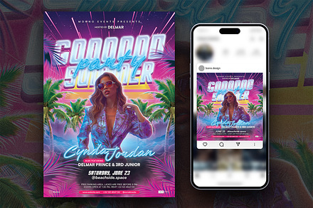 Synthwave Summer Party Flyer PSD, a Flyer Template by Bornx Design