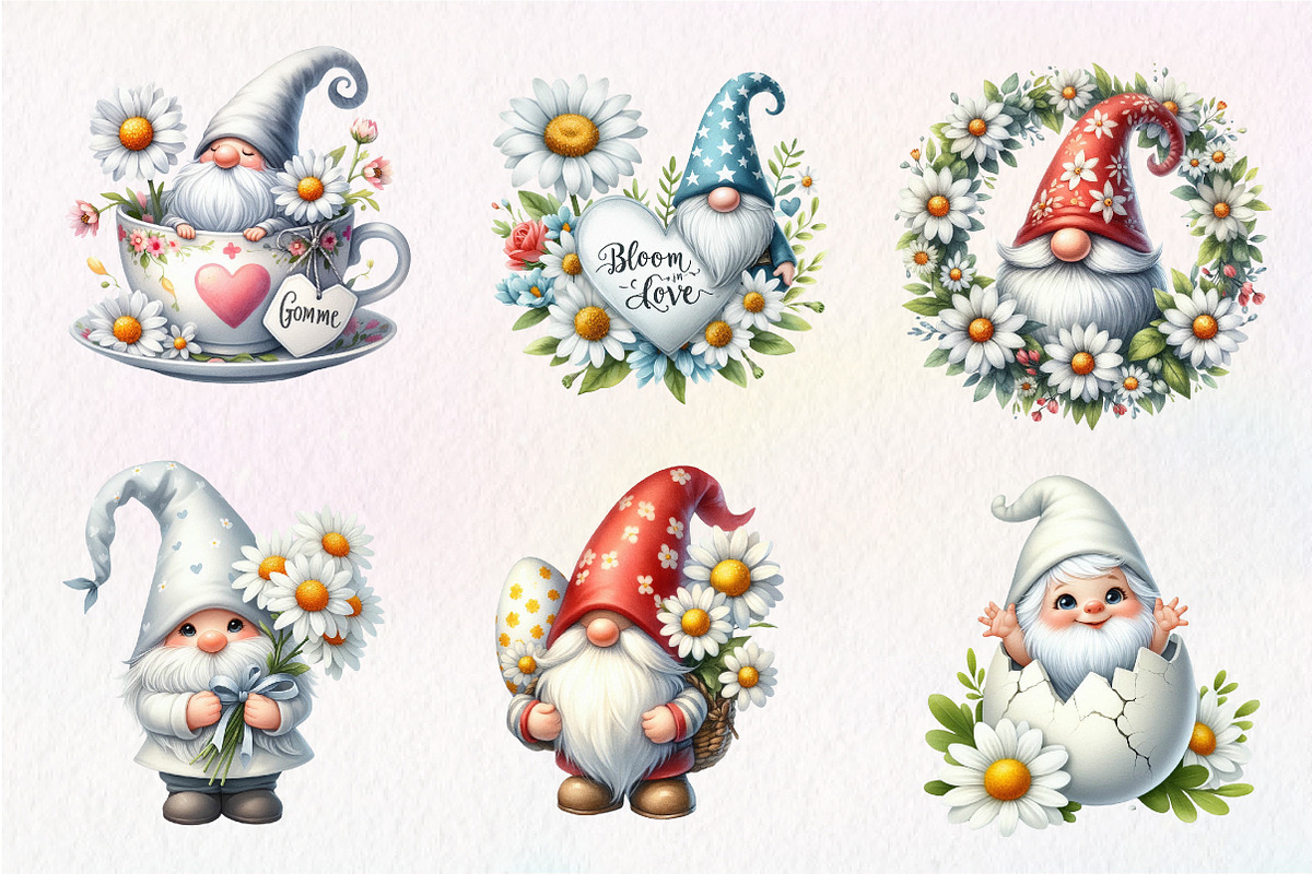 White Gnome Daisy watercolor Clipart, an Illustration by CreationArt (Photo 7 of 9)