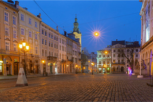 Market Square at night in Lviv, an Architecture Photo by kavalenkava