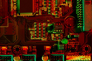 Futuristic Motherboard with Red and Green Lights, a Technology Photo by Alliance Images