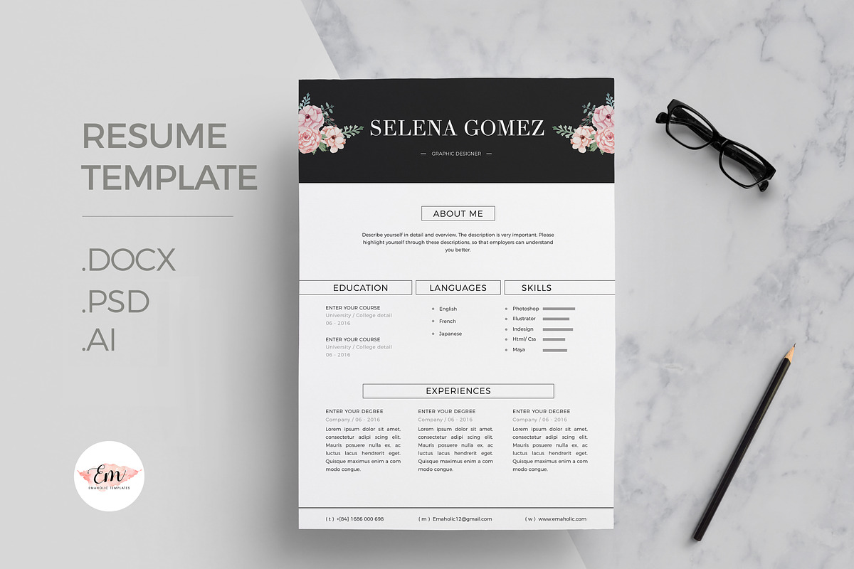 Floral CV Design, a Resume Template by Emaholic Template