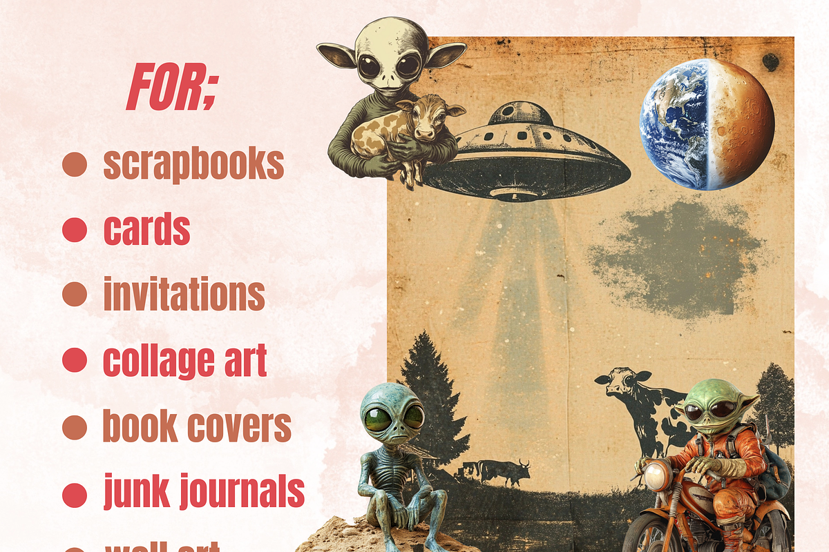 Vintage UFO Aliens Collage Set