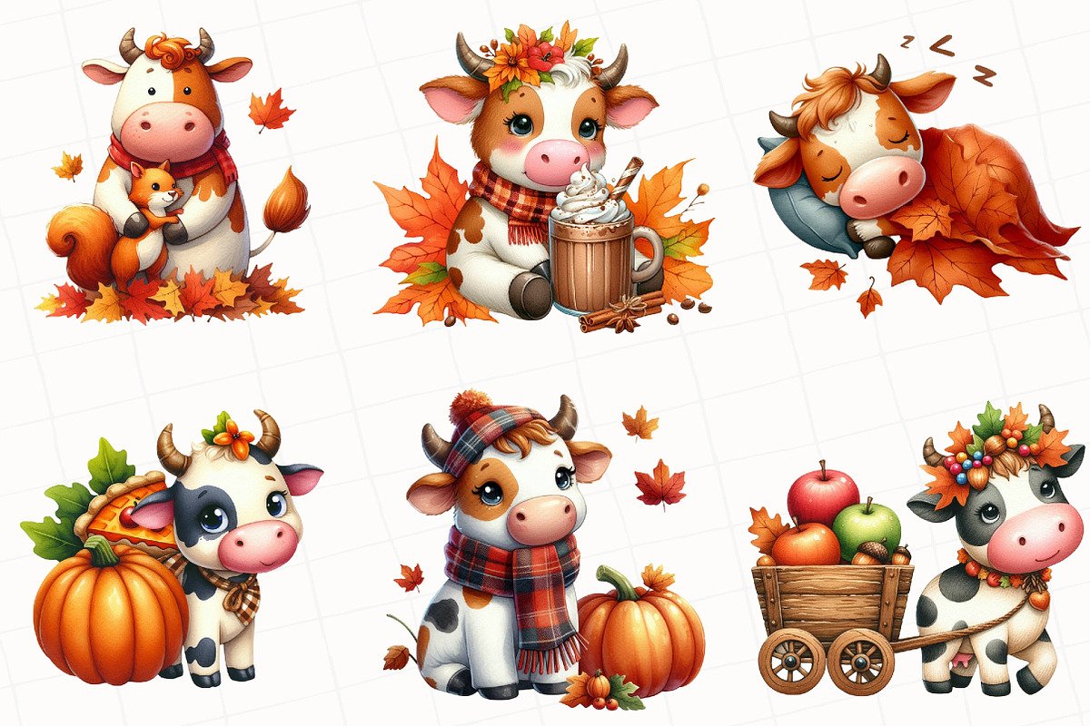 Watercolor Autumn Cow Clipart, an Illustration by OK Design (Photo 5 of 5)