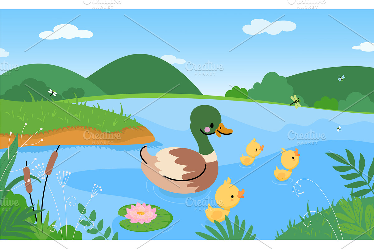 Ducklings in pond. Tiny yellow, an Animal Illustration by Valerie Bodnar