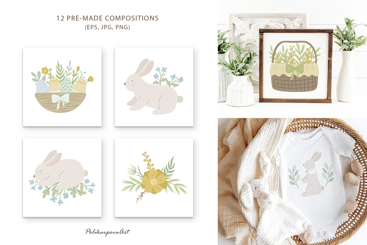 Easter BUNNY clipart & pattern, an Animal Illustration by polikarpovaart (Photo 3 of 10)