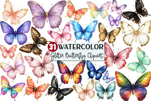 Watercolor Glitter Butterfly Clipart, an Illustration by Rose Art
