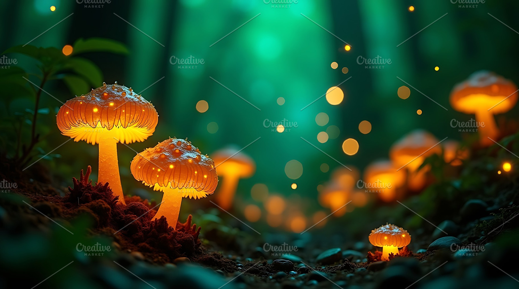 Glowing mushrooms in magical forest, a Nature Photo by Artonix