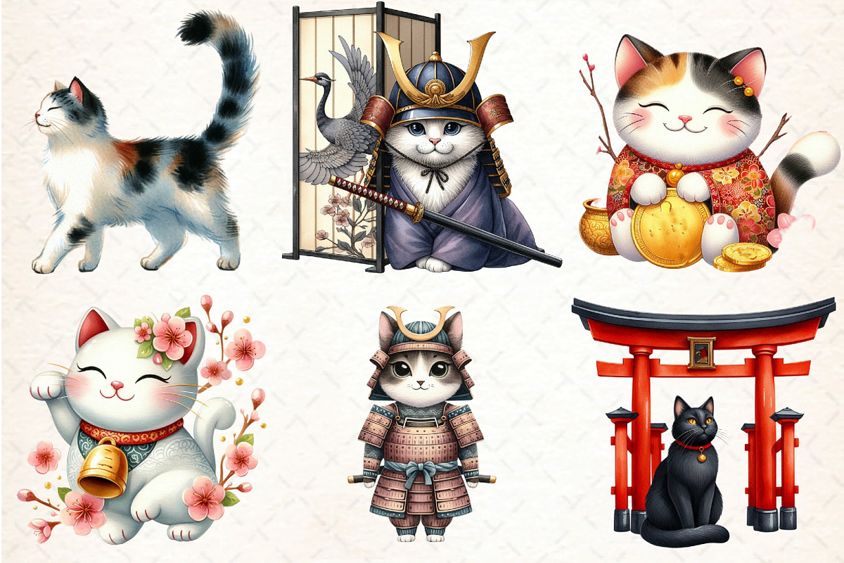Beautiful Cat Bundle Japanese Style, an Illustration by DreamCafeArt (Photo 2 of 5)