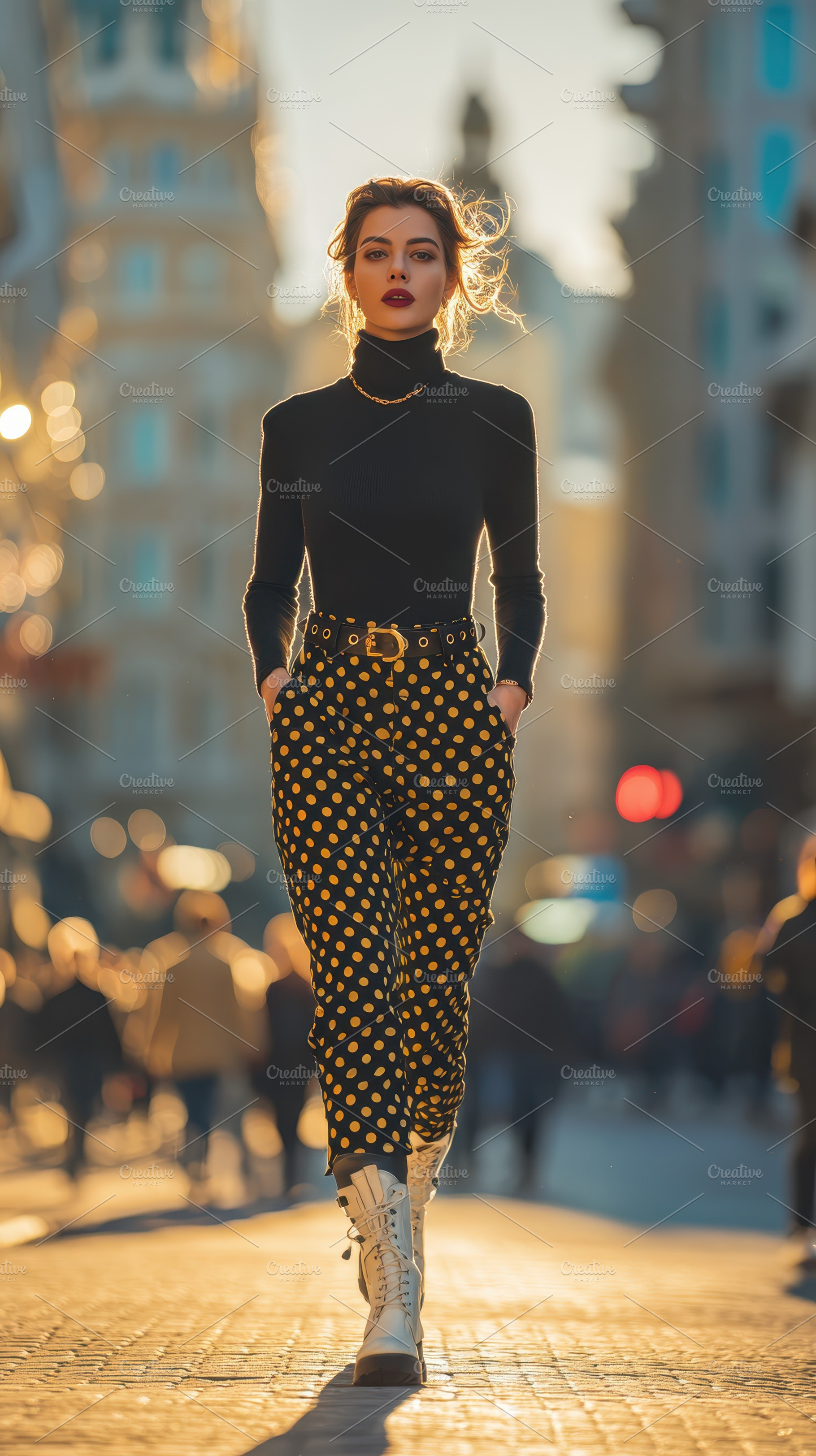 Fashionable woman walking city stree, a Photo by Pixeness Studio