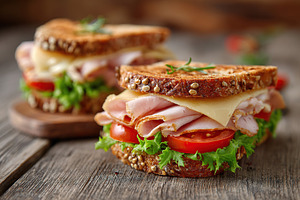 Delicious ham and melted cheese sandwiches served on fresh, toasted bread with, a Food & Drink Photo by AlyaAnd