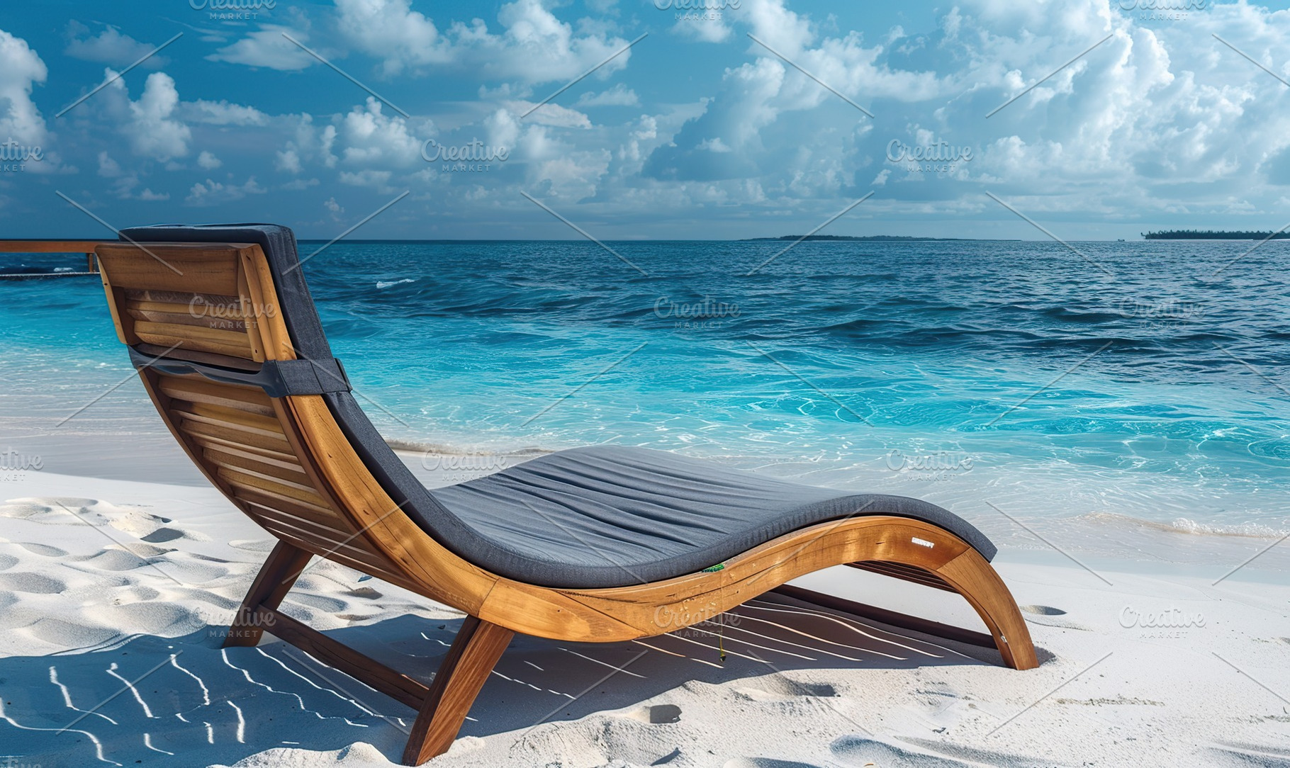 Chaise lounge on beach sand with blue sea, a Photo by AlyaAnd