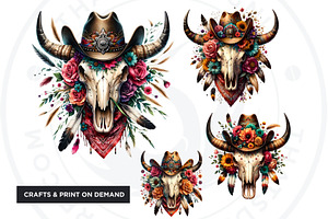 Boho Western Bull Skull PNG Clipart