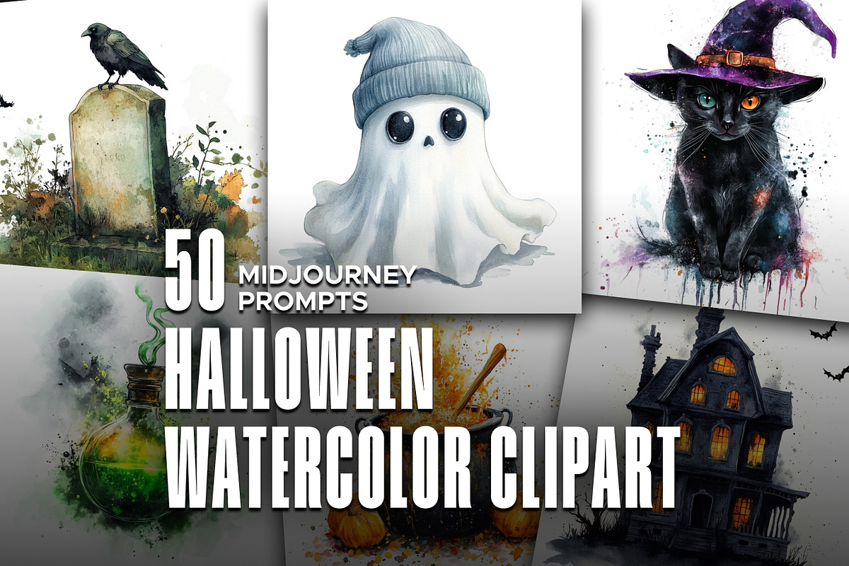 Halloween Watercolor Clipart Prompts, an Object Graphic by MadeByAI Studio (Photo 1 of 4)