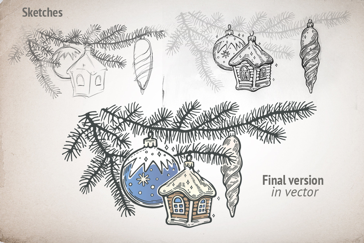 Retro Christmas Tree Branch, a Decorative Illustration by Countryside life (Photo 4 of 5)