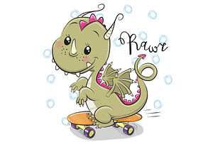 Cute Dragon With Skateboard On A