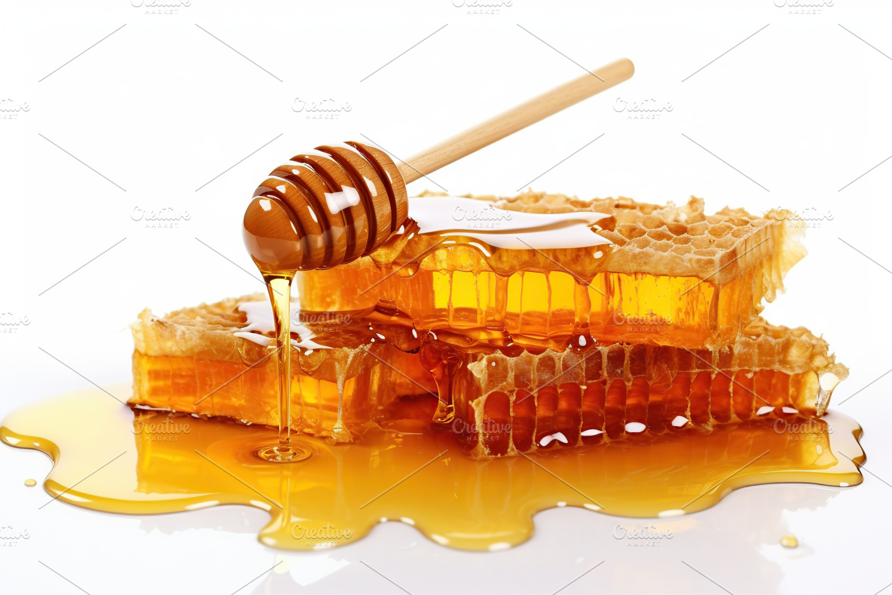 Honeycomb with honey and honey dipper on white background, a Food & Drink Photo by AlyaAnd