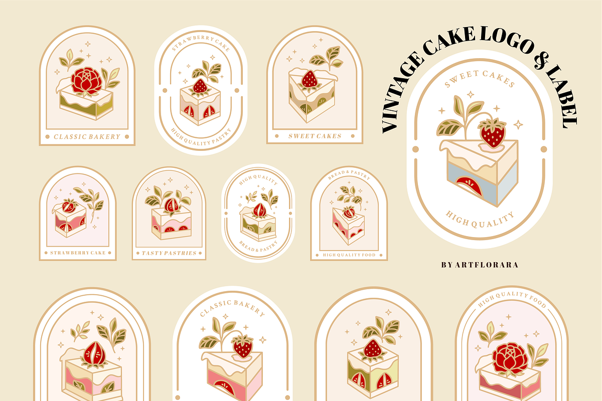 Vintage Cake Logo & Label Set, a Food Illustration by Artflorara (Photo 4 of 8)